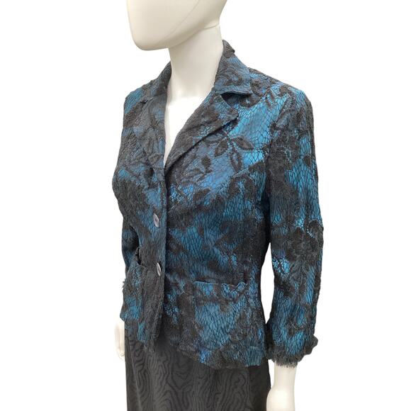 Alberto Makali Blazer Women’s SZM Lacey Overlay Raw Hem On Cuffs Turquoise Black - Picture 2 of 5